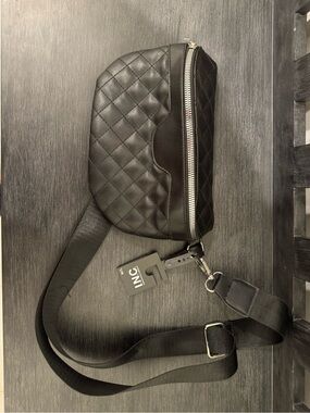 INC International Concepts Black Quilted Belt Bag with Silver Hardware
